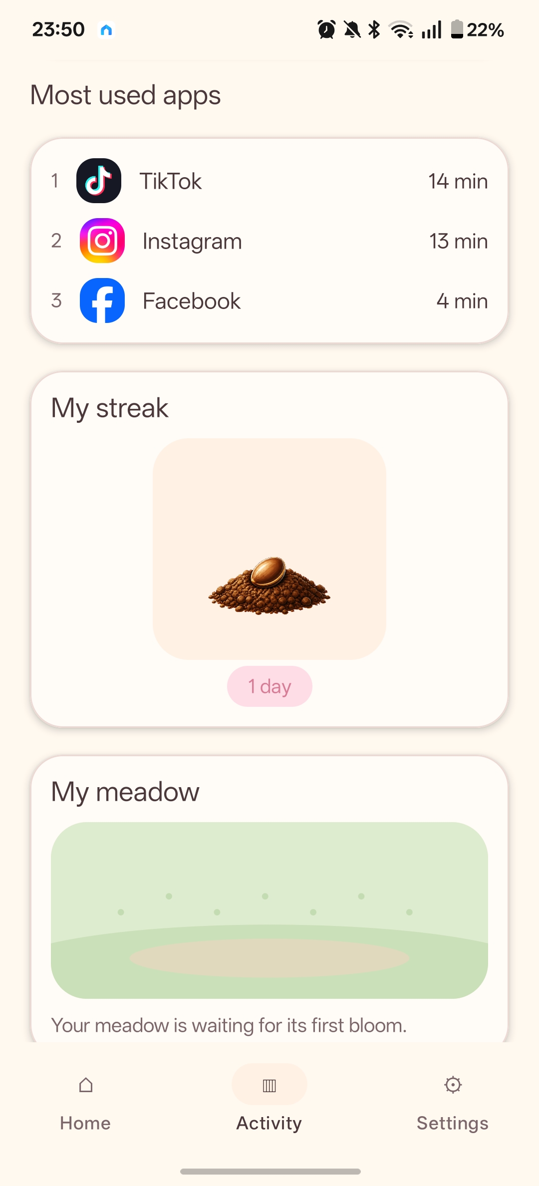 Meadowly activity screen showing most used apps, streak, and meadow