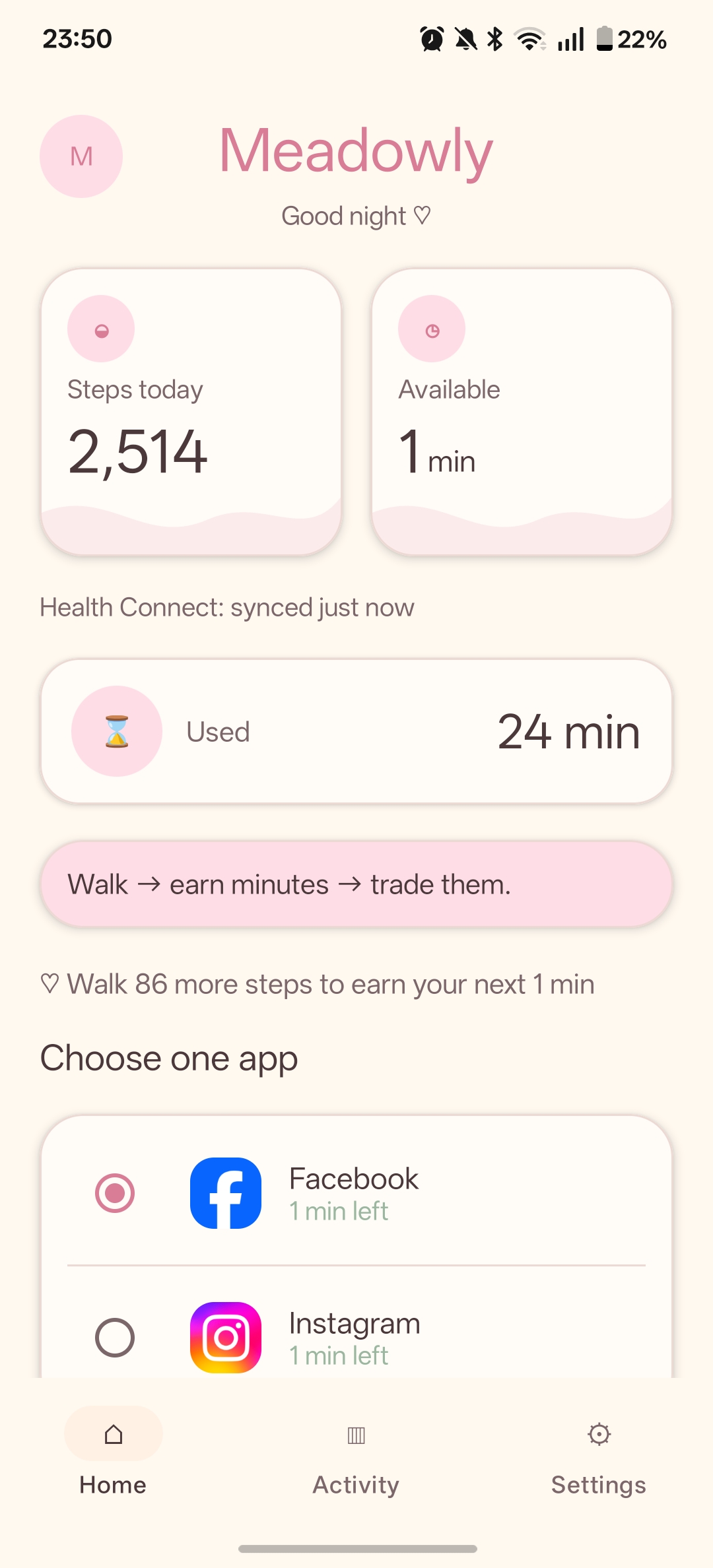 Meadowly home screen showing steps, available minutes, used minutes, and locked apps